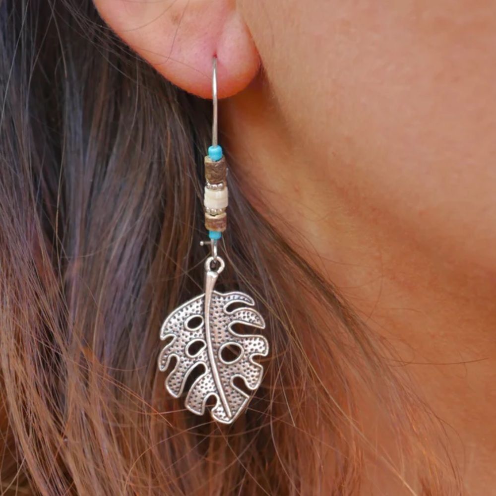 Turquoise Feather Dangle Drop Aesthetic Beads Boho Vintage Feather Leaf Earrings - Picture 2 of 5